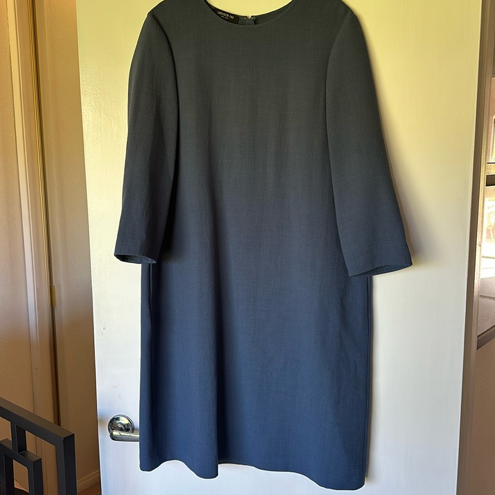 Lafayette 148 pewter blue a-line dress. Side seem pockets. Back zip. XL.